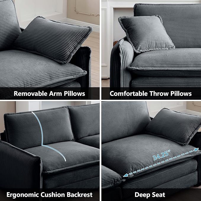Aoowow 3 Pieces Modular Sectional Sofa Set with Loveseat Couch and 2 Sofa ChairModern Corduroy Comfy Cloud Deep Seat Couches Set with Throw Pillows and Arm Pillows for Living Room Apartment(Grey)