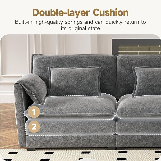 Real Relax 145'' Modular Sectional Sofa U Shaped Chenille Convertible Couch with Movable Ottoman 8 Pillows and 2 Armrest Pillows for Living Room Office and Leisure Places Dark Gray
