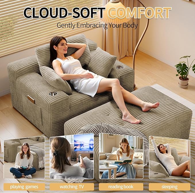 MoonSpeak 67 Boneless Reading Chair with Lounges Chaise Indoor Corduroy Cloud Couch with 1 Ottoman Upholstered Sleeper Sofa Bed with Wide Armrest and 3 Pillows for Living RoomReading Room (Khaki)