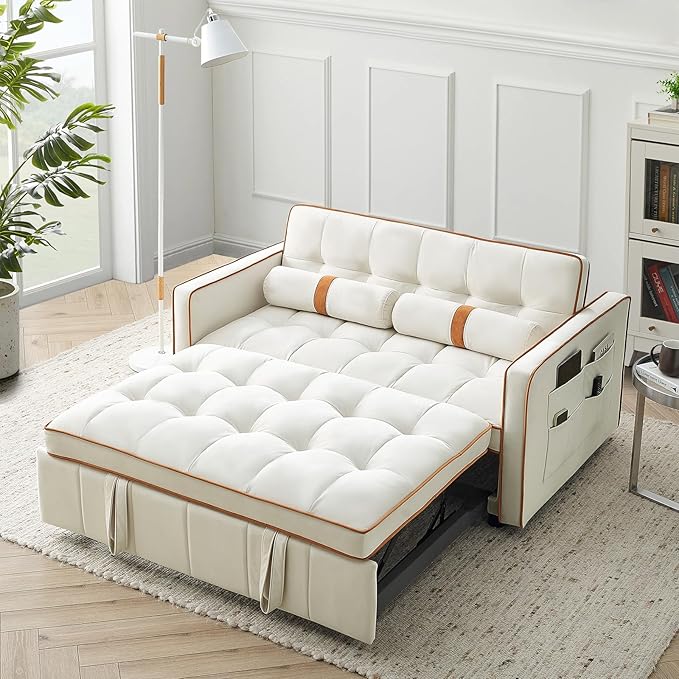 3-in-1 Convertible Sleeper Sofa Bed55.5 Modern Velvet Tufted Pull Out Couch BedFuton Small Love Seat Sofa with Adjustable Backrest&ampCylinder Pillows for Living RoomBedroomApartment(Beige)