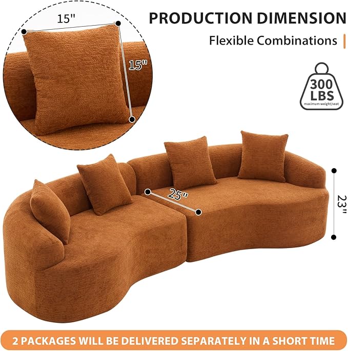 KEIKI Curved Chenille Modular Sectional Couches with Pillows 4 Seater Oversized Upholstered Luxury Plush Cloud Sofa for Living Room Apartment Full Compression Sponge