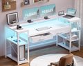 Pamray 58 Inch Computer Desk with Monitor Stand and Shelves Gaming Desk with LED Lights &amp Power Outlets PC Vanity Table with 2 Drawers for Home Office White