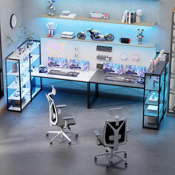 Pamray L Shaped Computer Desk with Reversible Side Storage Shelves 49 Inch Gaming Desk with Power Outlets and Led Lights PC Table for Home Office and Bedroom Marble