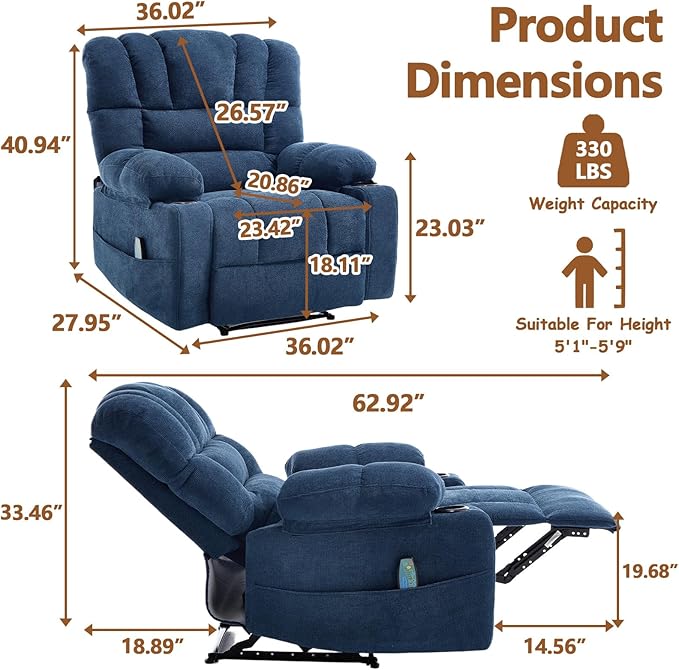 Massage Recliner Chair with Heat Blue Recliner Chair with Cup Holder for Adults Manual Reclining Chairs Large &amp Oversized Recliners for Living Room Fabric Heavy Duty (Blue)