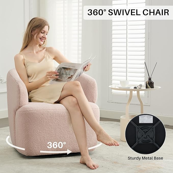 Swivel Accent Chair Sherpa Teddy Barrel Chair for Living Room Cozy Round Boucle Arm Chair Metal Base for Club Nursery Bedroom Light Blush Pink