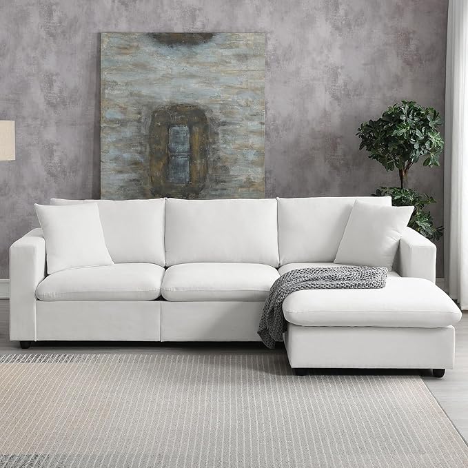 100.4 Modular Sectional Sofa Cloud Couch for Living Room Modern Convertible L Shaped Couch Set with Ottoman 4 Seater Polyester Fabric Sofa with 2 Pillows for Apartment Office (White)