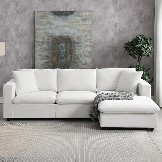 100.4 Modular Sectional Sofa Cloud Couch for Living Room Modern Convertible L Shaped Couch Set with Ottoman 4 Seater Polyester Fabric Sofa with 2 Pillows for Apartment Office (White)