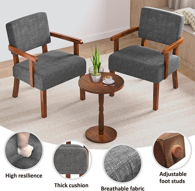 Accent Chair Set of 2 with Table Living Room Chairs with Soft Seat and Armrests for Living Room Bedroom Reading Room Waiting Room Grey (AC01)