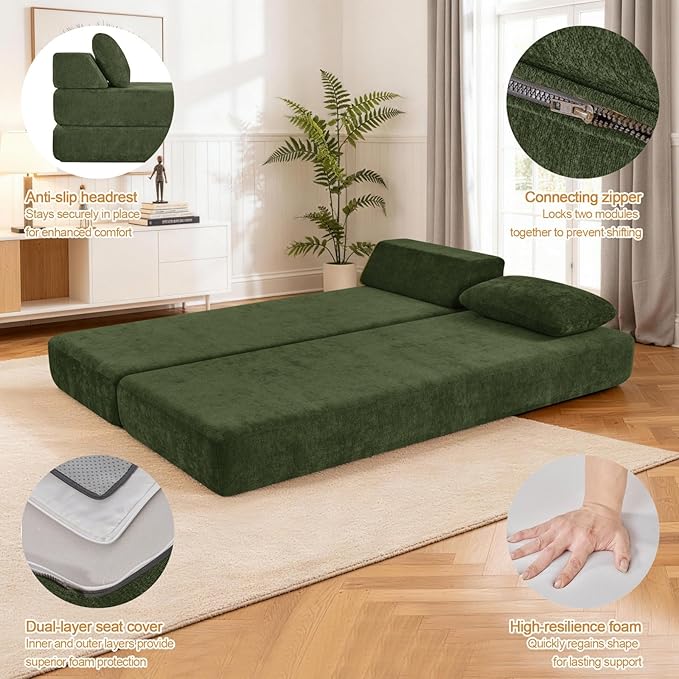 2-in-1 Daybed Sofa Chair Bed with Lumbar Pillow Queen Size Sofa Bed Chaise Lounge Chair Queen Sleeper Chairs Comfy Floor Couch for Living Room Bedroom Office Study (Chenille Green)