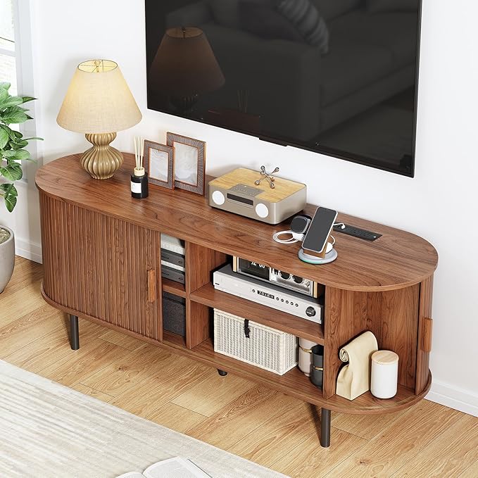 55 TV Stand with Power Outlet Mid-Century Modern Television Stand Fluted Media Console with Sliding Doors Entertainment Center for TVs up to 60 Inch Adjustable Shelves Walnut