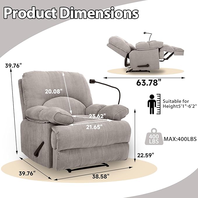 Oversized Recliner Chairs with Phone Holder Large Recliner Soft Fabric Overstuffed Big Man Recliner for Heavy Duty Adults for Living Room Bedroom Nursery RV Brown