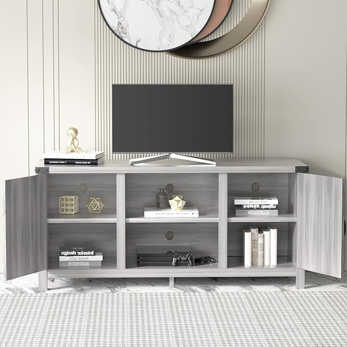 JUMMICO TV Stand 65 Inch TV Farmhouse Entertainment Center with Double Barn Doors and Storage Cabinets Console TV Table Media for Living Room Bedroom (Grey)