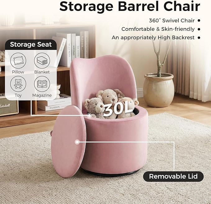 Velvet Vanity Chair with Storage 360° Swivel Makeup Chair with Back Modern Swivel Accent Stool Barrel Chair Upholstered Ottoman Vanity Stool with Back for Bedroom Dressing Living Room Pink