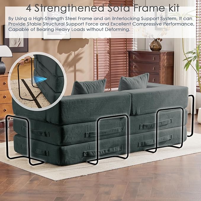 Convertible Sleep Sofa Bed with Armrests and Backrest Corduroy Folding Couch with 2 Pillow Modular Sectional for Living Room Bedroom Studio-No Assembly NeededGrey