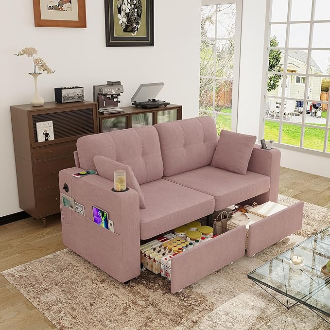67 Small Loveseat Couch with Storage USB Charging and Cup Holder Space Saving Furniture Modern Chenille Love Seat Sofa Small Couches for Small Spaces Bedroom Apartment Pink