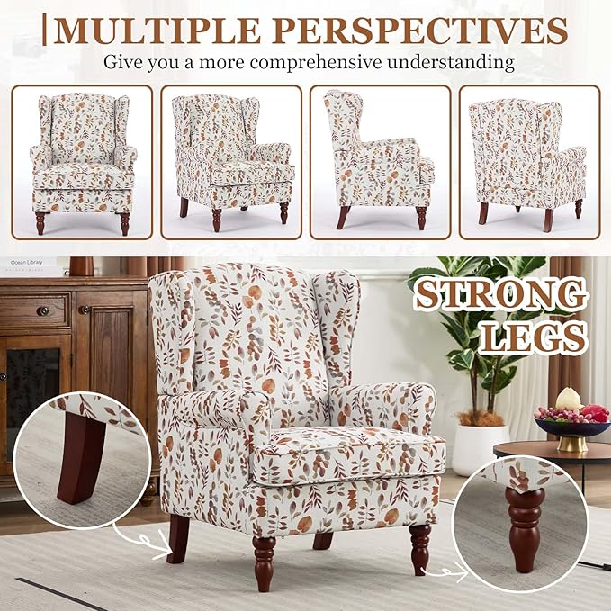 Vintage Floral Accent Chair Wingback Chair with Arms for Living Room Antique Occasional Side Chair|High Back|Ticken Seat Cushion|Fabric Upholstered (Blue) (Brown Yellow A)