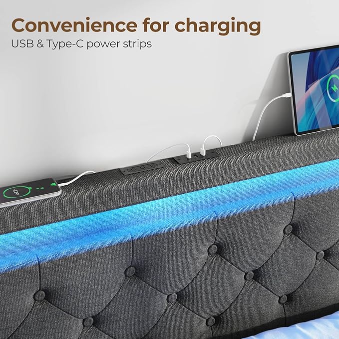 Rolanstar Twin Bed Frame with LED Lights and Charging Station Upholstered Bed with Drawers Wooden Slats Noise Free Easy Assembly Dark Gray