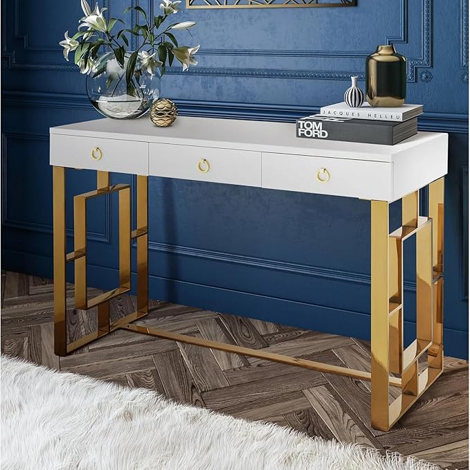 First of a Kind Brooke Mid Century Modern Gloss Lacquer Computer Desk - Home Office Desk with Drawers - Writing Desk for Luxurious Touch - Versatile PC Desk White/Gold