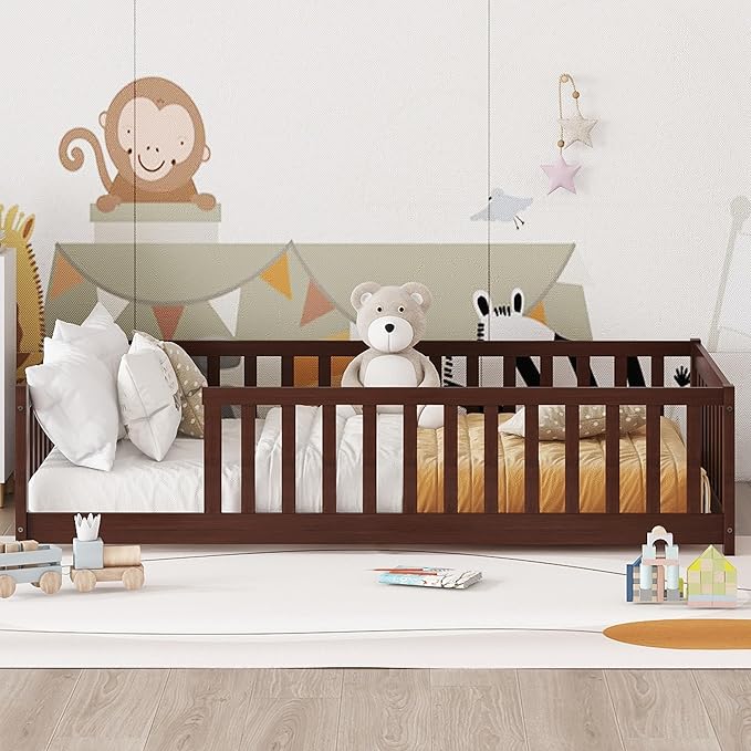 Bellemave Twin Floor Bed with Slats and Safety Guardrails Twin Size Montessori Floor Bed with Fence and Without Door Easy Assemble Montessori Beds Frame for Girls Boys Pink Espresso