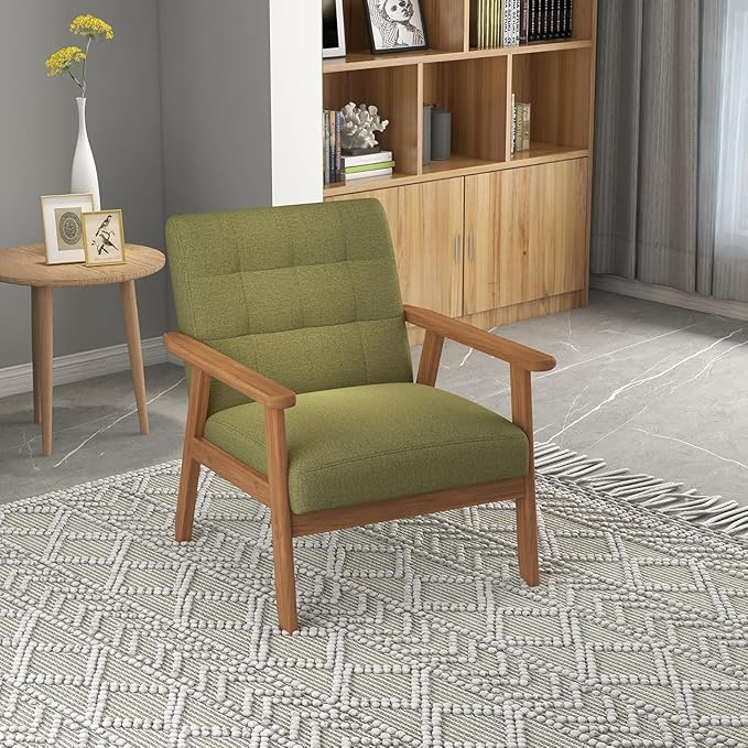Westice Accent Chair 1PC Mid-Century Modern Living Room Chairs with Solid Wood Frame &amp Soft Thicken Cushion Upholstered Reading Arm Chair for Bedroom Balcony Green Linen Fabric &amp Natural L