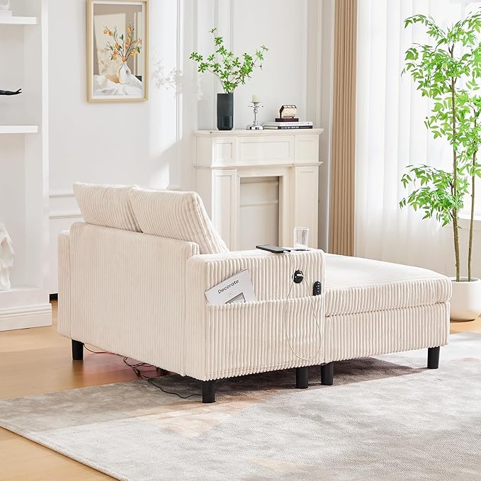 KEIKI 50 W Corduroy Oversized Recliner Single Sofa Longue with Deep Seat3 PillowsUSB ChargingCup Holder and Side Pocket