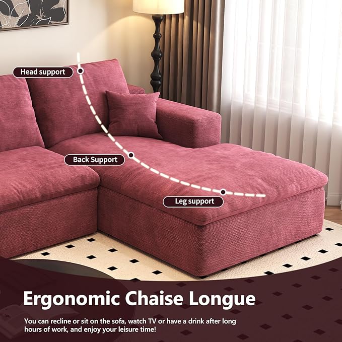 107'' L-Shaped Modern Modular Sectional Cloud Couch 4-Seat Chenille Deep-Seat Sofa with Pillow for Living Room Bedroom Apartment Wine Red