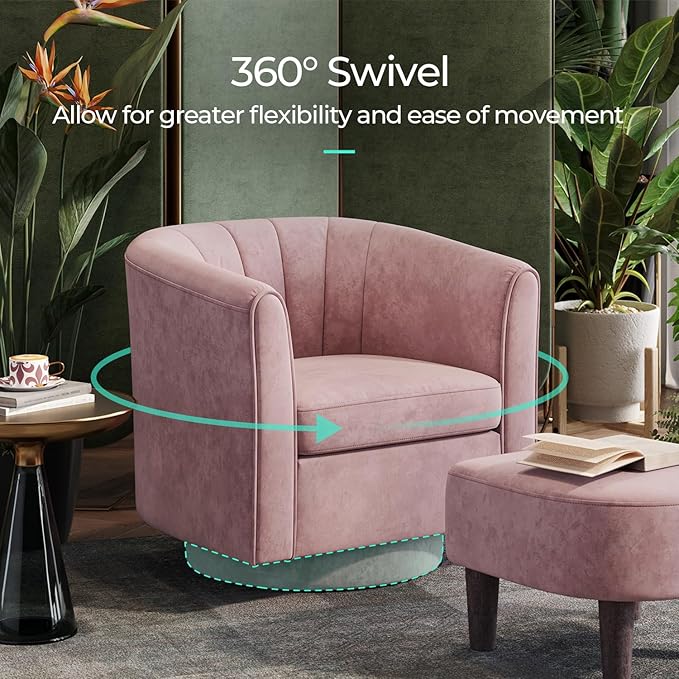 LINSY Swivel Accent Chair with Ottoman - Small Barrel Chair 360 Swivel Modern Armchair Upholstered Reading Chair with Footrest for Living Room Bedroom Study Room Velvet (Pink)