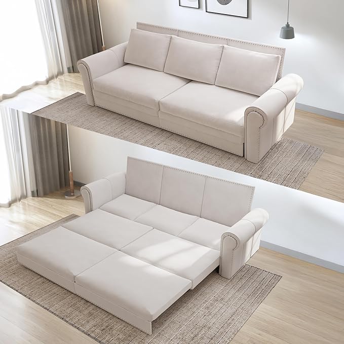 Oversized Sleeper Sofa Couch Convertible Sleeper Sofa Bed for Living Room Bedroom Classic 3-in-1 Pullout Couch Bed Chesterfield Style (Beige Without Ottoman)