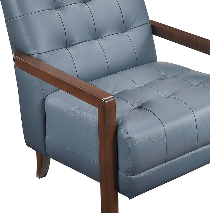 Lexicon Modern Accent Chair Luxury Genuine Leather Match Living Room Chair with Tufted Cushions Solid Wood Frame and Arm Rest Comfy Upholstered Single Seat for Bedroom/Reading/Office Blue