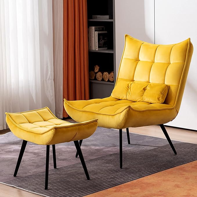MCombo Accent Chair with Ottoman Modern Velvet Wingback Lounge Chair Upholstered Club Chair for Small Space Living Room &amp Bedroom 4079 (1 Yellow)