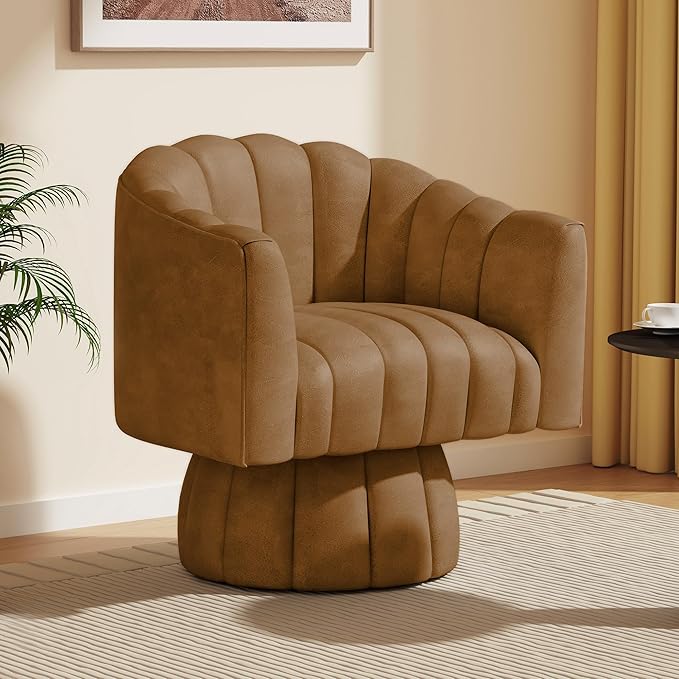 Modern 360 Degree Leather Swivel Cuddle Barrel Accent Sofa Chairs Round Armchairs with Wide Upholstered Leather Reading Chair for Living Room Bedroom Office Waiting Rooms (Brown)