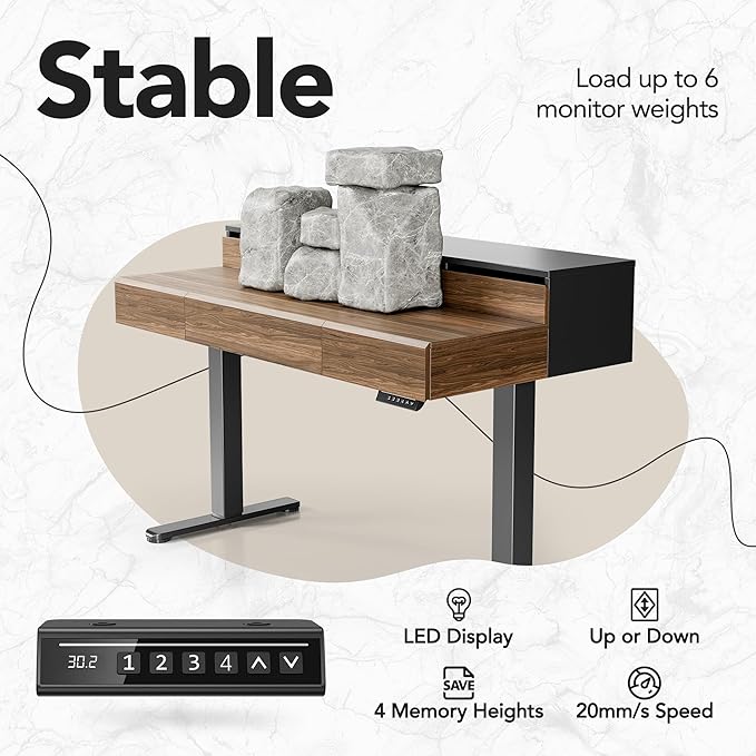 HUANUO Standing Desk with Drawers 48 Inches Electric Height Adjustable Desk with Storage Whole-Piece Board Sit Stand Up Desk with Monitor Shelf Black Walnut