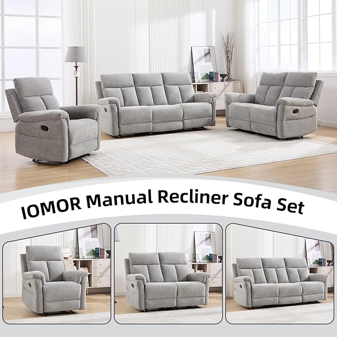 Manual Reclining Sofa 3 Seat Soft Fabric Recliner Couch for Adults with Overstuffed Arms and Back Sofa Recliner for Living Room (Silver)