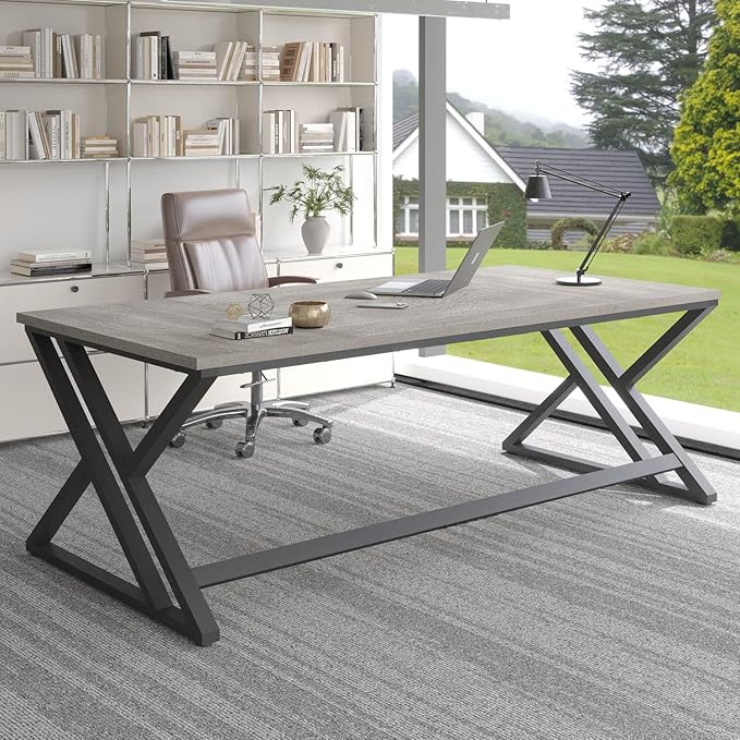 LVB 70.8 Long Office Desk Modern Large Wood Metal Computer Desk Industrial Double Workstation Desks for Two People Rustic PC Executive Work Study Writing Computer Table for Home Light Grey Oak