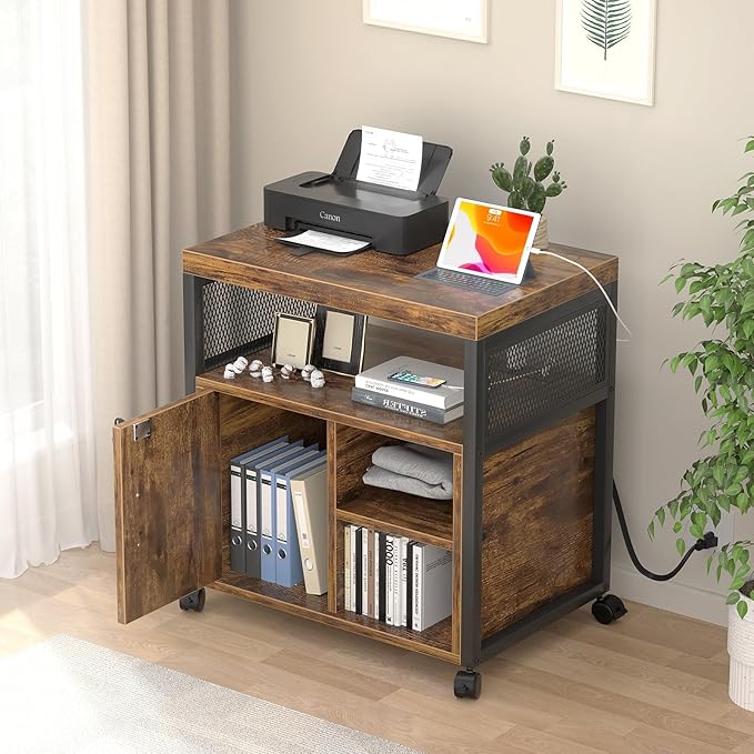 Unikito Rolling File Cabinet Lateral Filing Cabinet on Wheels Mobile Office Printer Stand with Door and Open Storage Shelf for A4 Letter Size and Hanging File Folders Lockable Rustic Brown
