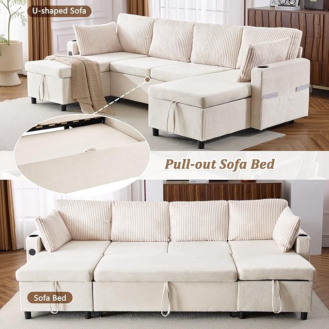111.8 Sectional Sofa Pull-Out Sofa Bed with Double Storage Chaise Lounge Versatile Sofa Sleeper Couch with Cup Holders and USB Ports for Living Room Appartment Office (Beige-CF)