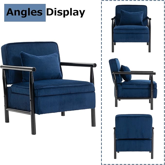 Accent Chair Comfy Modern Mid-Century Accent Chairs with Storage Corduroy Upholstered Lounge Armchair with Solid Wood Reading Side Single Sofa for Living Room/Office/Balcony/Bedroom-Blue