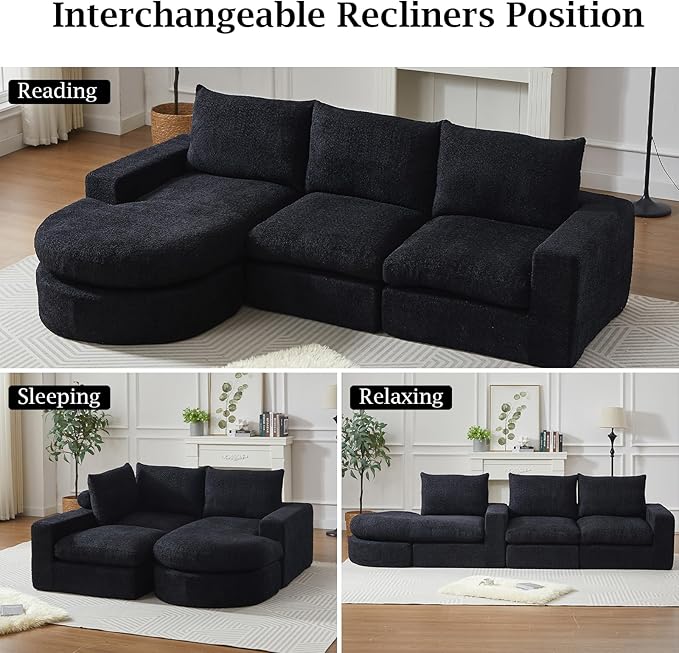 99 Modular Sectional Sofa Cloud Sectional Couch with Neck Pillow &amp Deep Seat Chenille Boneless Couches with L-Shape Chaise for Living RoomNo Assembly Required Black