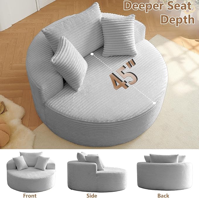 Oversized Round Chair Lounge Chaise Indoor Upholstered Corduroy Deep Seat Cloud Large Circle Sofa Chair No Assembly Required Fluffy Modern Sleeper Sofa Bed for Reading Living Room Light gray