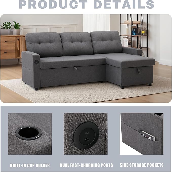 82 Pull Out Sofa BedL-Shape Modern Sleeper Sofa Upholstered Sectional Couch with USB Port and Side Pockets for Living RoomGuest Room (Dark Grey)
