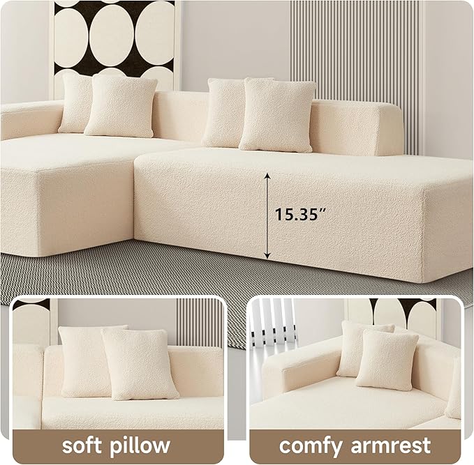 105.5 X 60.2'' L Shaped Sectional Sofa Sherpa Fabric L Shaped Couch 3 Seat Corner Sofa Modern Upholstered Couch with 4 Pillow Left Hand Lounge for Living Room Office