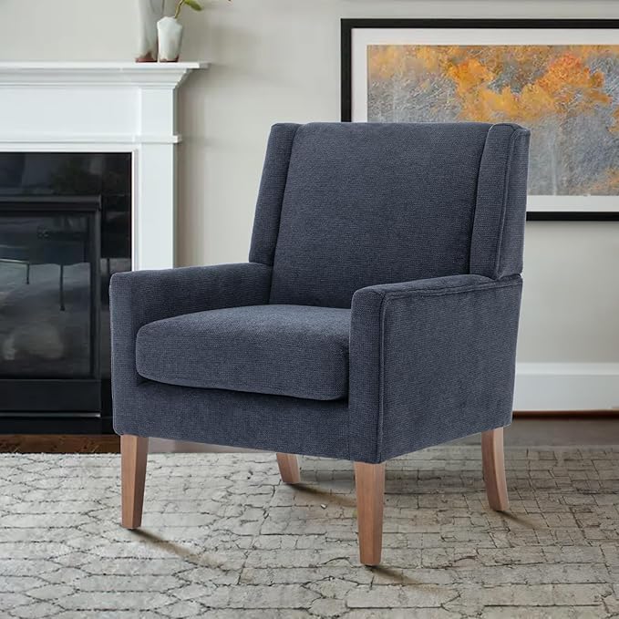 COLAMY Modern Wingback Living Room Chair Upholstered Fabric Accent Armchair Single Sofa Chair with Lounge Seat and Wood Legs for Bedroom/Office/Reading Spaces Blue