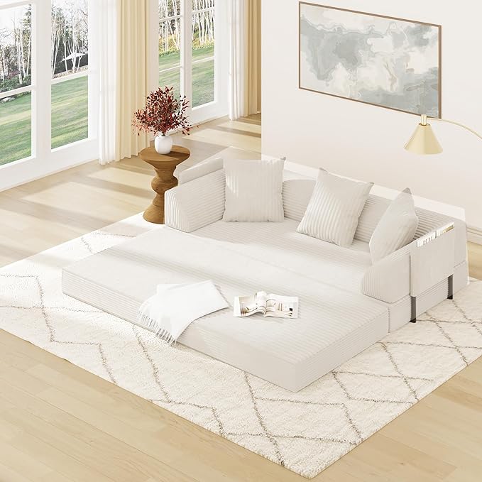 Folding Convertible Sofa Bed with 3 Pillows 79  Corduroy Boneless Couch with Armrest Pockets Lounge Loveseat Sleeper with Pull Out Bed Memory Foam Compressed Sofa for Living Room Bedroom Beige
