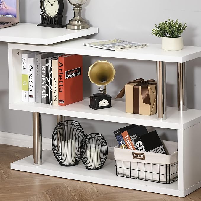 Rotating Computer Desk 55 L Shaped Desk Corner Desk with Storage Shelves Cabinet and Drawer for Home Office White