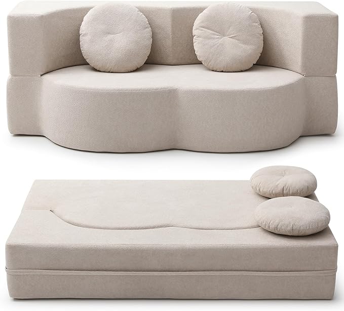 King Size Sofa Bed 76 Inch Convertible Futon Boneless Couch 2-in-1 Loveseat Sleeper Sofa with 2 Pillow Modern Velvet Fabric Floor Couch Bed for Living Room No Assembly Required (Beige)