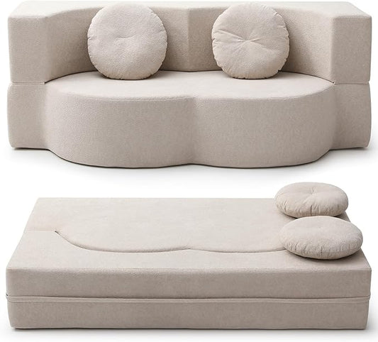 King Size Sofa Bed 76 Inch Convertible Futon Boneless Couch 2-in-1 Loveseat Sleeper Sofa with 2 Pillow Modern Velvet Fabric Floor Couch Bed for Living Room No Assembly Required (Beige)