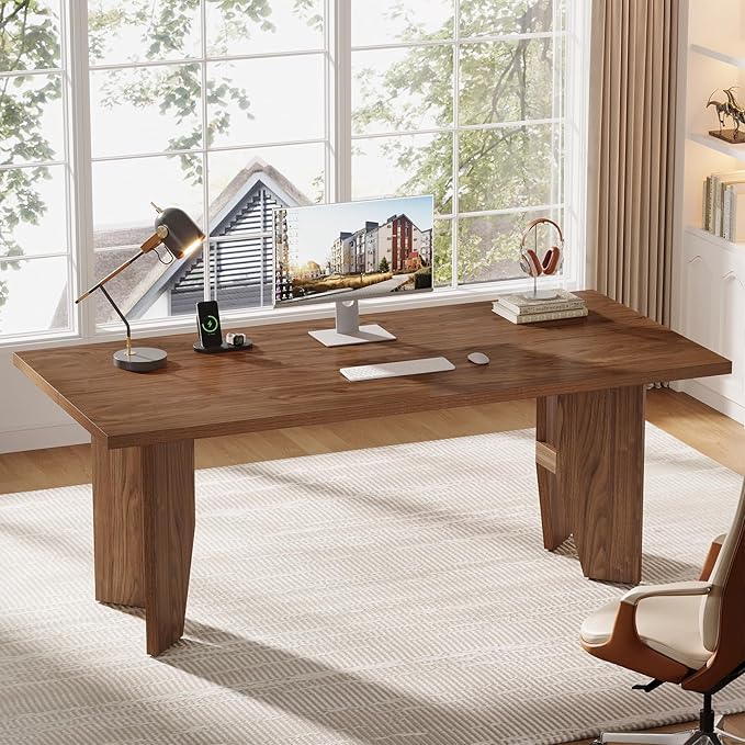 Tribesigns 63 Executive Desk Mid-Century Modern Office Computer Desk with Sturdy Legs Large Wooden Workstation Writing Table Farmhouse Business Furniture for Home Office Brown