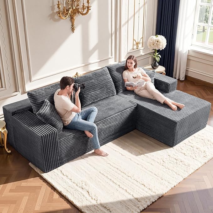 Grey Modular Sectional Couch with 108 L-Shape Chaise Deep Seat Corduroy Sofa Plush Fabric Cloud-Like Couches for Living Room No Assembly Modern Minimalist Furniture (Left Facing Chaise)