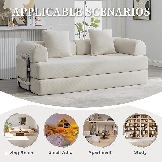 4‑in‑1 Convertible Sleeper Sofa Bed DIY Combination Floor Sofa Lounge Couch with Cylindrical Pillow Corduroy Futon Folding Mattress Couch for Apartment Bedroom Playroom Beige
