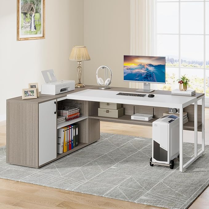 Tribesigns 71 inch Executive Desk L Shaped Desk with Cabinet Storage Executive Office Desk with Shelves Business Furniture Set Workstation for Home Office Gray and White
